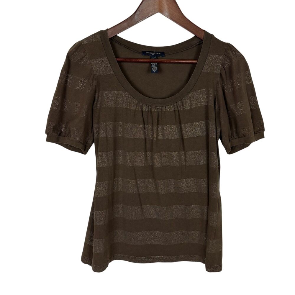 Banana Republic Brown Metallic Gold Striped Half Sleeve Top Womens Small Stretch